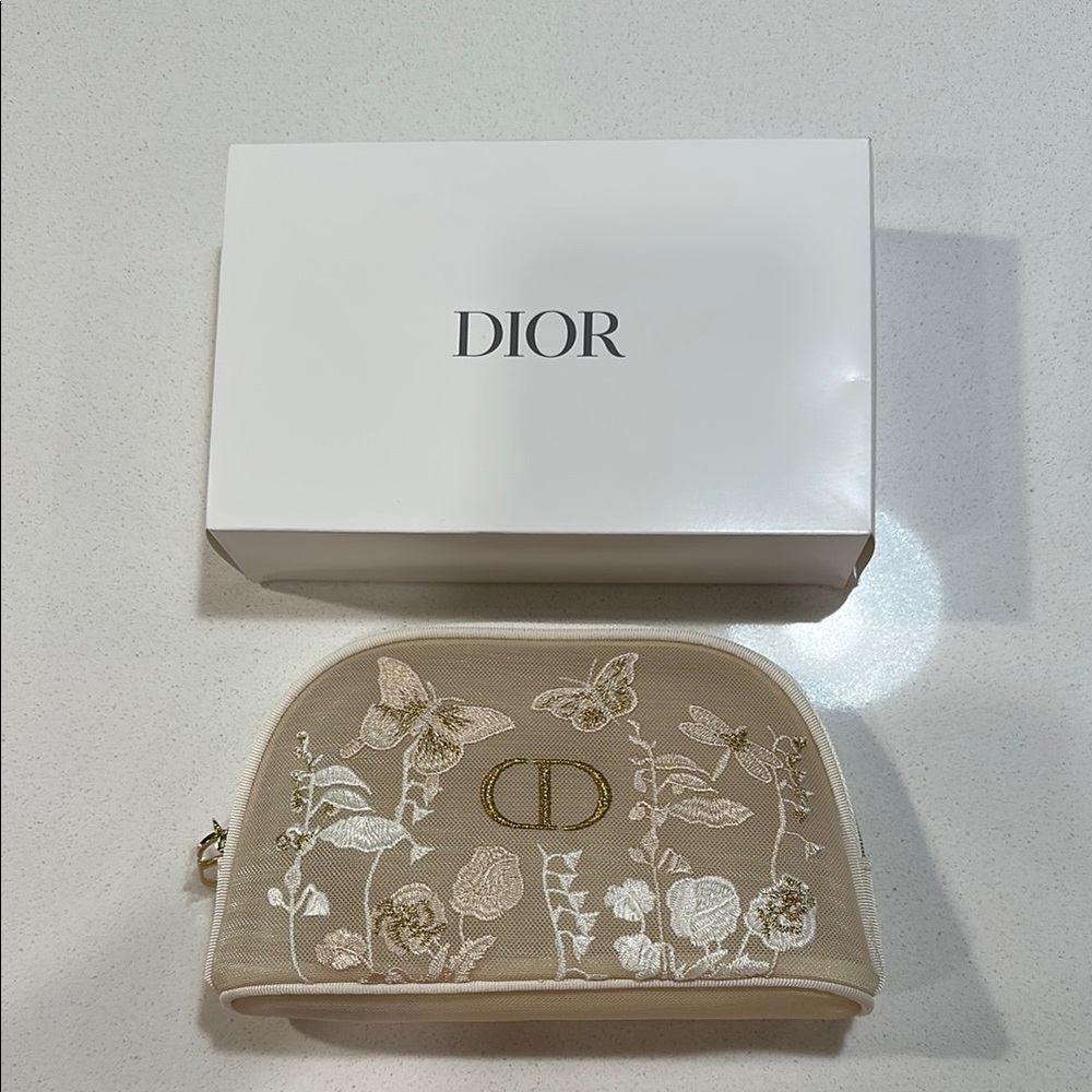 Dior Beige Floral Embroidered Cosmetic Pouch